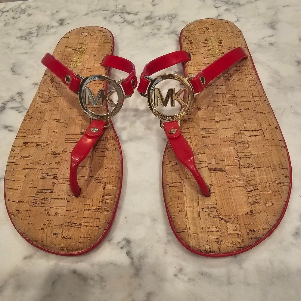 Michael Kors Jelly Flip Flop Sandals W/ MK Logo Charm & Cork Footbed  SZ 8 M RED